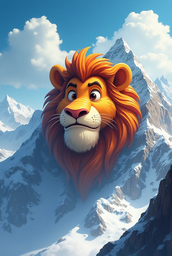 A cartoonish lions face merged on the cartoonish image of mount everest