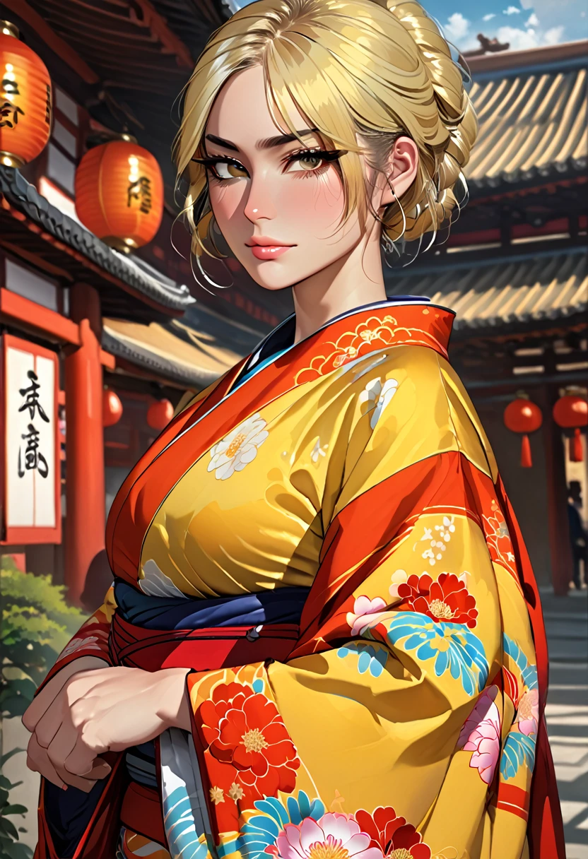 score_9, score_8_up, score_7_up, score_6_up, score_5_up, score_4_up, BREAK 1girl, ((muscular body:1)), intricate, kimono, (eyeliner:1.2), looking at viewer, bob hairstyle, blonde, jewelry, detailed background,huge breasts (masterpiece, high quality:1), 2.5D, Realistic