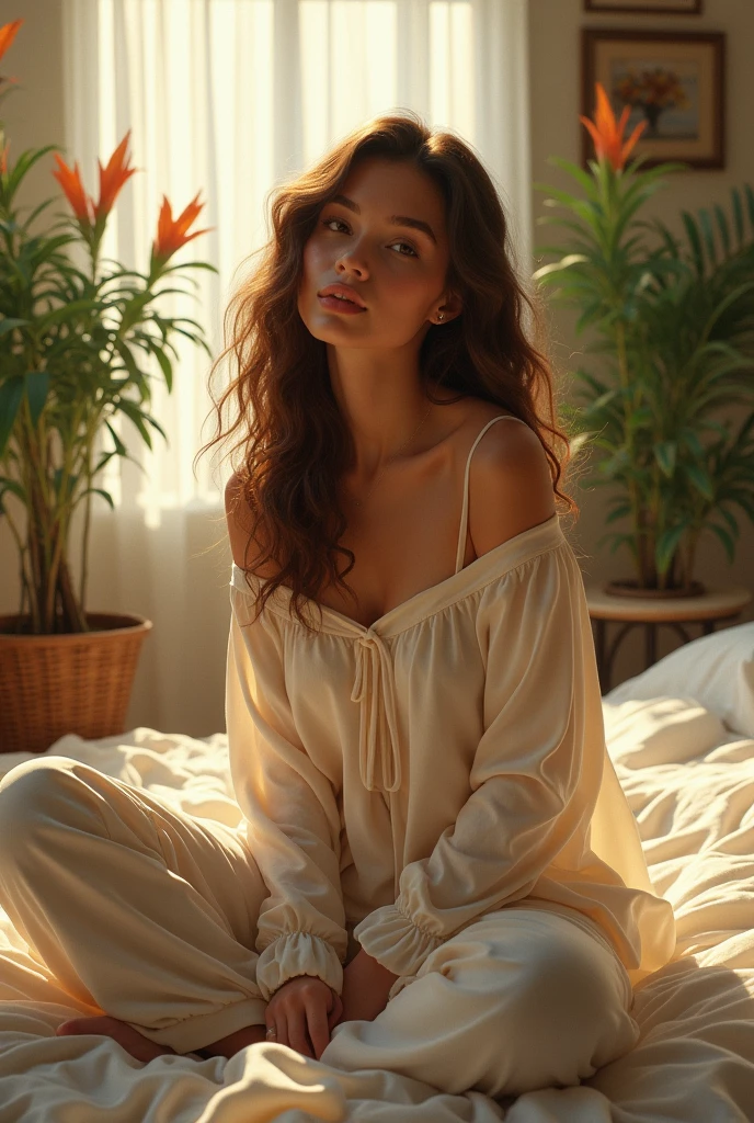 (photorealism:1.2), beautiful woman, sitting on bed, wearing loose off-shoulder top, pajama pants, long curly hair, indoors, soft lighting, plants in background, window with sunlight, cozy room, relaxed pose, realistic, intricate details, warm colors, by Greg Rutkowski, by Alphonse Mucha