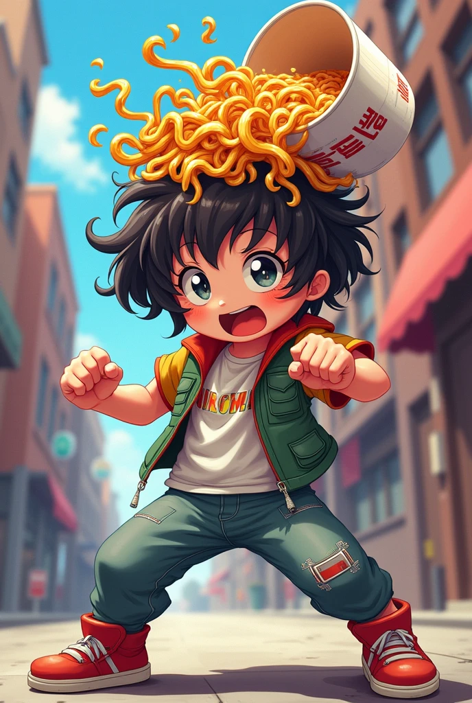 An illustration of a character with an upside-down, overflowing cup of noodles on his head striking a fighting pose。