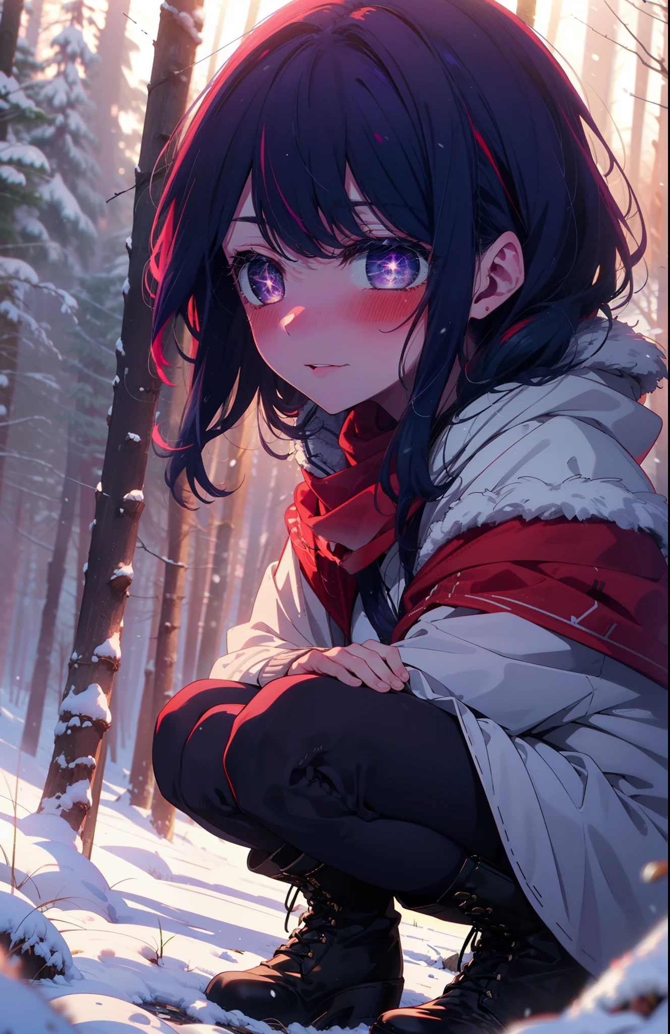 aihoshino, Ai Hoshino, Long Hair, bangs, (Purple eyes:1.1), Purple Hair, (Symbol-shaped pupil:1.5), smile,,smile,blush,white breath,
Open your mouth,snow,Ground bonfire, Outdoor, boots, snowing, From the side, wood, suitcase, Cape, Blurred, , forest, White handbag, nature,  Squat, Mouth closed, Cape, winter, Written boundary depth, Black shoes, red Cape break looking at viewer, Upper Body, whole body, break Outdoor, forest, nature, break (masterpiece:1.2), Highest quality, High resolution, unity 8k wallpaper, (shape:0.8), (Beautiful and beautiful eyes:1.6), Highly detailed face, Perfect lighting, Extremely detailed CG, (Perfect hands, Perfect Anatomy),