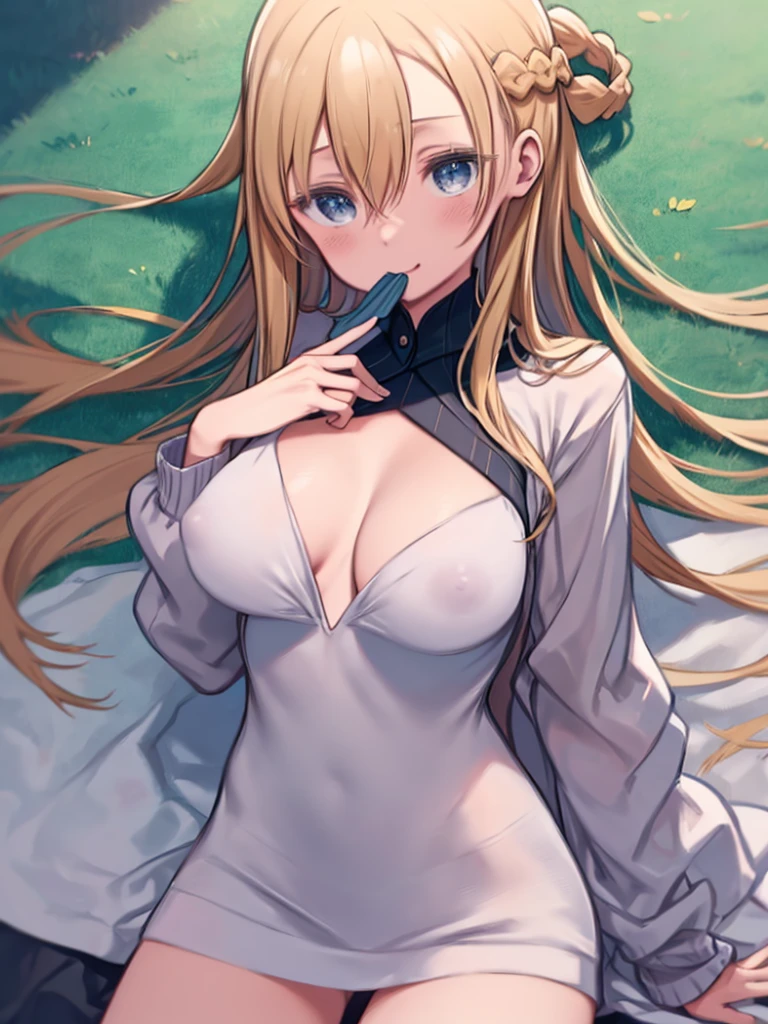 One Woman、Blonde Hair、long hair、Hair between the eyes、Braid、Blue Eyes、Big Breasts、smile、blush、Turtleneck sweater、Long Length、Long sleeve、Green clothes、Sleepy eyes、A seductive appearance、In heat、Sidelong glance、Vulgarity、((Rub your breasts with one hand、Bring your breasts to your mouth、Bring your chest closer to your mouth、Hide your crotch))、Erect nipples、Open your mouth a little、Angle from above、Watching the audience、Lying in bed、White sheets、