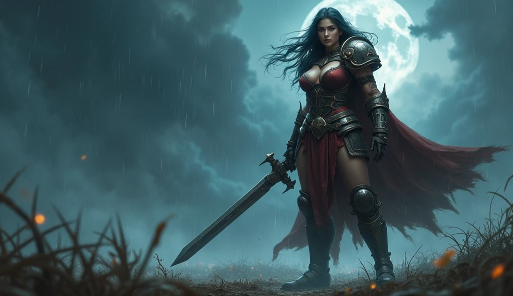 beautiful girl, beautiful breasts, warhammer 40000, sword, beautiful hips, moonlight, thunderstorm, rain, wind, идет
