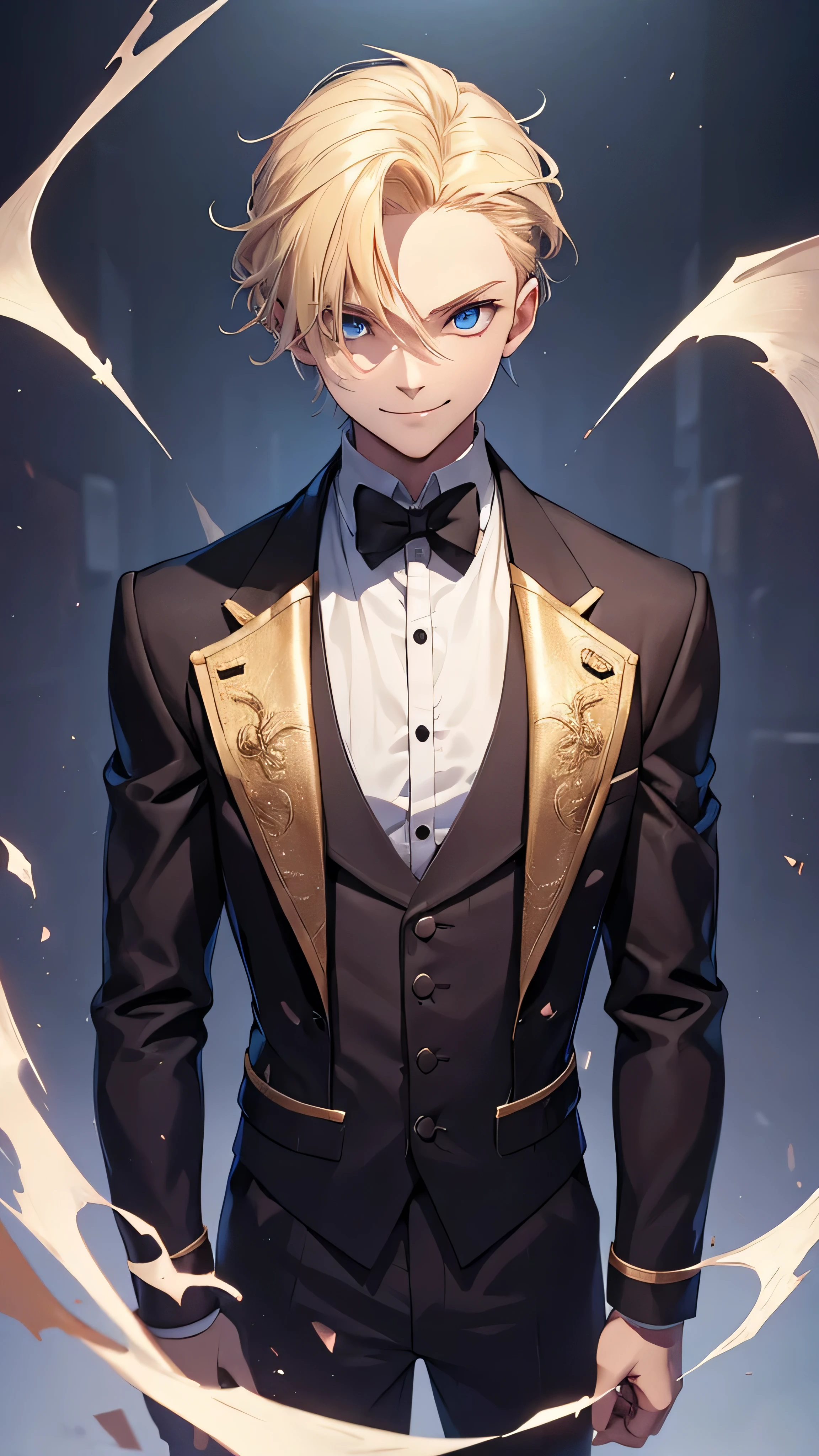 One boy, a vampire, blonde hair, Blue eyes, Gloating Smile, stands tall, solid background behind