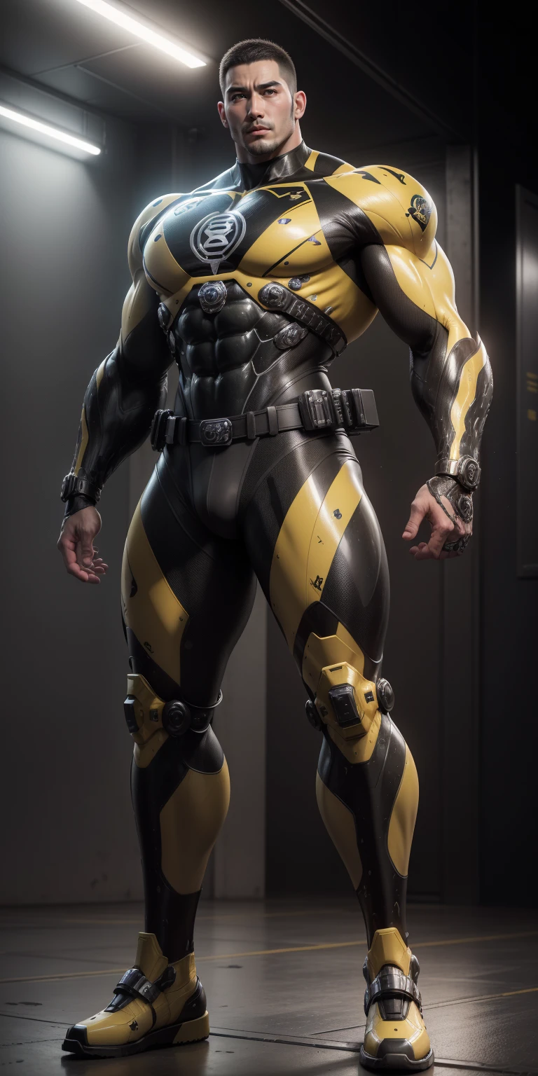 Tall giant muscular police officer，Buzz Cut，Very long legs，Yellow and black camouflage patterned nano mecha，Honeycomb pattern，Lightweight texture，Exquisite belt，Character Concept（Resident Evil - Chris Redfield，Chris Redfield）senior police officer，Small grid texture，Regular symmetrical texture pattern，Sad expression，Deep and charming eyes，Standing in a bright mechanical laboratory，Emerald Eyes Hero，Heroic male pose，高大Burly，muscular！Attractive leg muscles，High target, Burly, Heqiang，  Super Buff and Coolness， High Resolution Committee， Bigfoot yellow-gray ultra-thin nano-mechanical boots，Charismatic strongman，The bright sunshine shines on you，Matte particles，Shiny texture