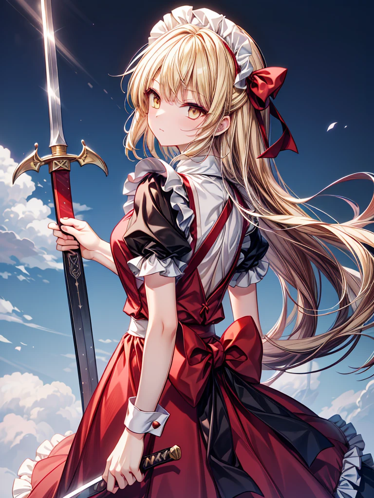 1girl,{{{{yumeko (Touhou)}}}}, yellow eyes, blonde hair, long hair, red dress, maid, maid apron, maid headdress, black ribbon, puffy short sleeves, back bow, sword, holding sword, dual wielding((Long Hair)),((Dream World)),((masterpiece))
