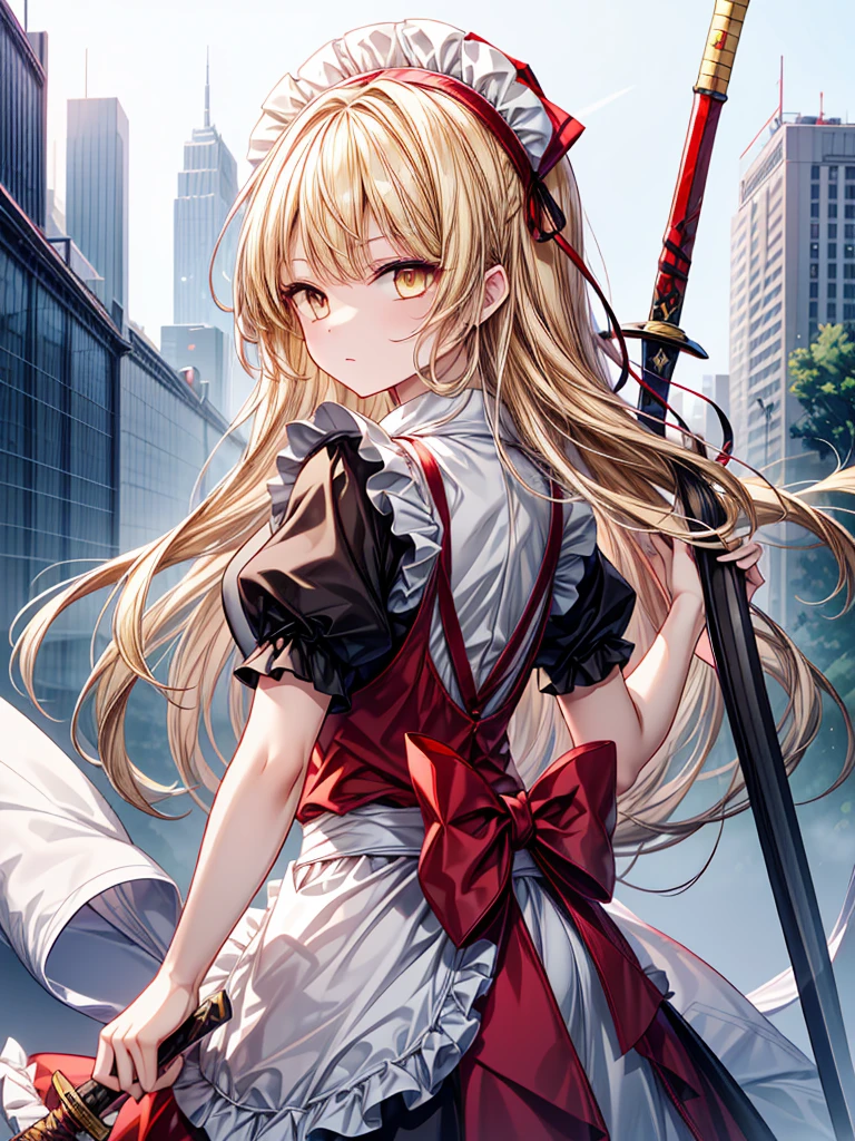 1girl,{{{{yumeko (Touhou)}}}}, yellow eyes, blonde hair, long hair, red dress, maid, maid apron, maid headdress, black ribbon, puffy short sleeves, back bow, sword, holding sword, dual wielding((Long Hair)),((Dream World)),((masterpiece))