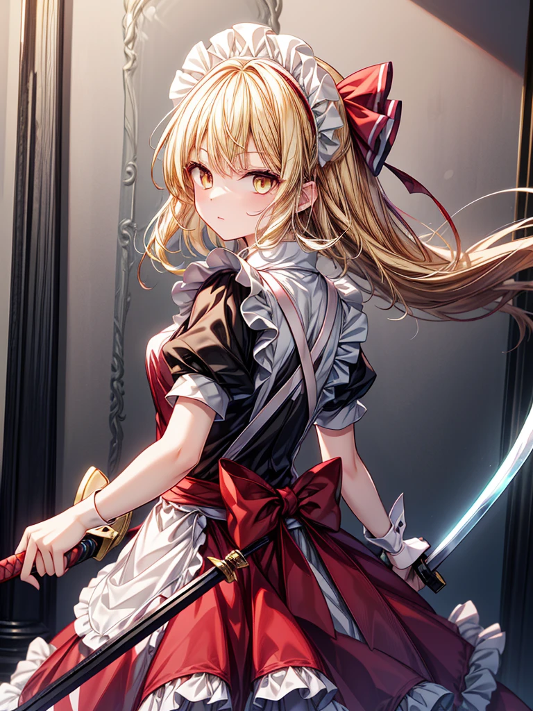 1girl,{{{{yumeko (Touhou)}}}}, yellow eyes, blonde hair, long hair, red dress, maid, maid apron, maid headdress, black ribbon, puffy short sleeves, back bow, sword, holding sword, dual wielding((Long Hair)),((Dream World)),((masterpiece))