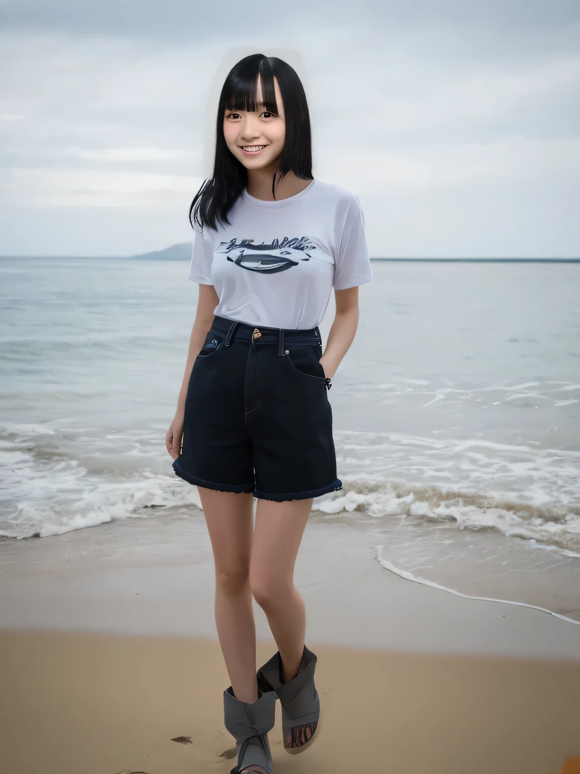 Highest quality,Super detailed,A woman looking at the camera on the beach at Enoshima,Wearing a white T-shirt,Long black denim shorts,Posing for a photo,Distant scenery is blurry
