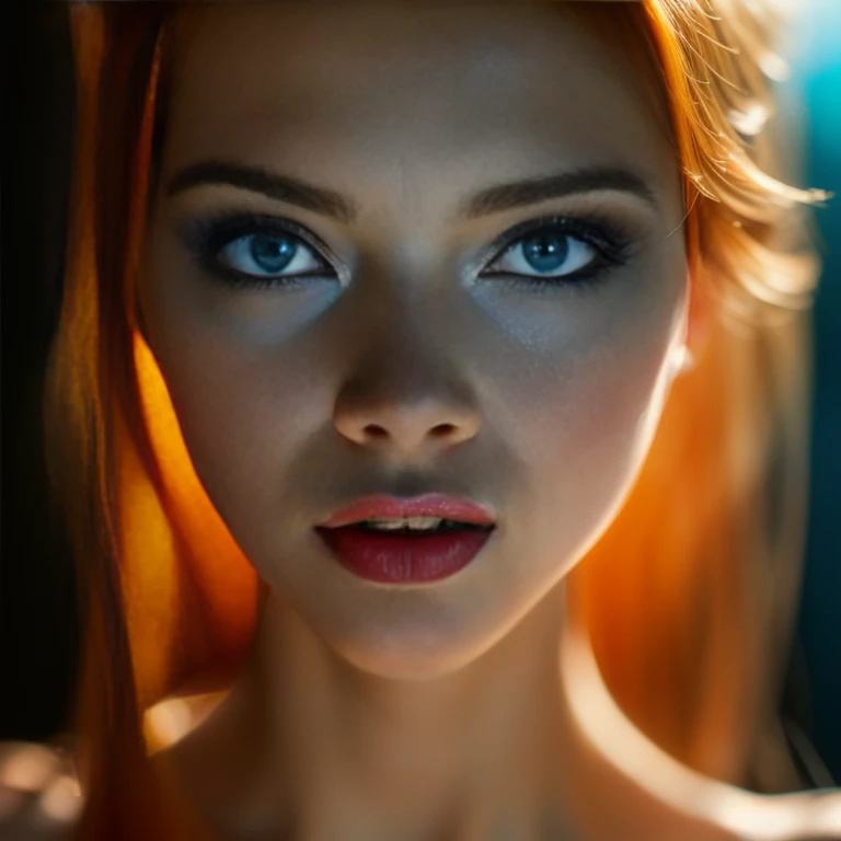 (((ultra realistic))) Photo, masterpiece, top quality, pale skin, (Ultra detailed face and eyes:1.2), 1 girl, gloomy atmosphere, Glowing background, (Eye makeup, mascara), ((ultra detailed Bright Deep Navi Blue eyes)), ((Ginger straight hair)) , ((Stylish hairstyle)) , Natural gorgeous breasts, [[Slim waist, slender body]] . ((Posing)) , (body curves), In Lifchik, photoshoot, studio (Contour lighting), (The play of light and shadows), depth of field, bokeh, (special attention to skin detail: 1.2), Detailed leather texture, skin pores, ((glowing atmosphere frame. color scheme - yellow, red, Ashen, Tons)), (Film grain, VHS effect), (shine) , ((rays)) , ((close-up portrait, close to the camera)) , ultra detialed, 