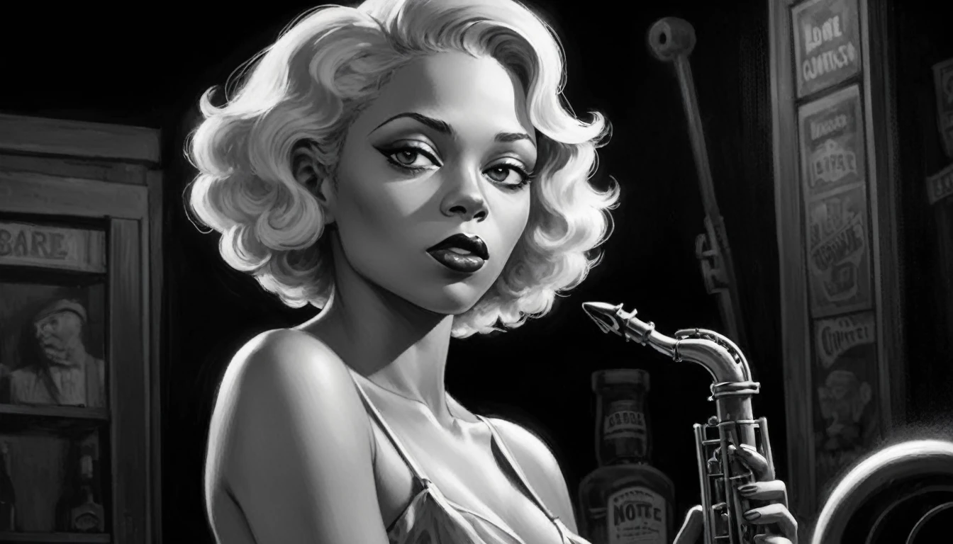robert johnson, gritty, alabama bar, blue note, charismatic, illustration, bw, noir fantasy, lone blonde lady, saxophonist