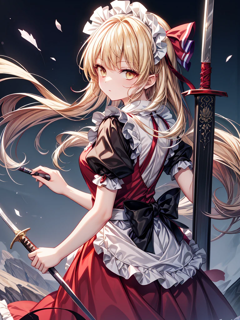 1girl,{{{{yumeko (Touhou)}}}}, yellow eyes, blonde hair, long hair, red dress, maid, maid apron, maid headdress, black ribbon, puffy short sleeves, back bow, sword, holding sword, dual wielding((Long Hair)),((Dream World)),((masterpiece))