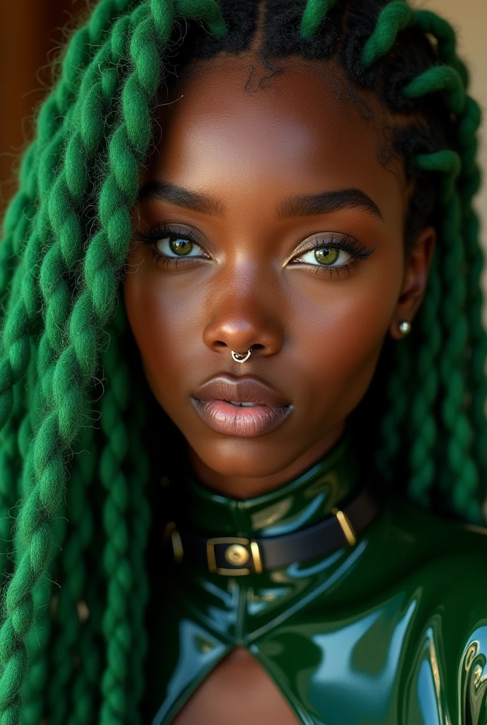 african woman, young, naked, green eyes, green dreadlocks, septum piercing, dimples, thick belt around neck, naughty expression, green shiny latex bodysuit, close-up, UHD, retina, masterpiece, accurate, anatomically correct, textured skin, super detail, high details, high quality, award winning, best quality, highres