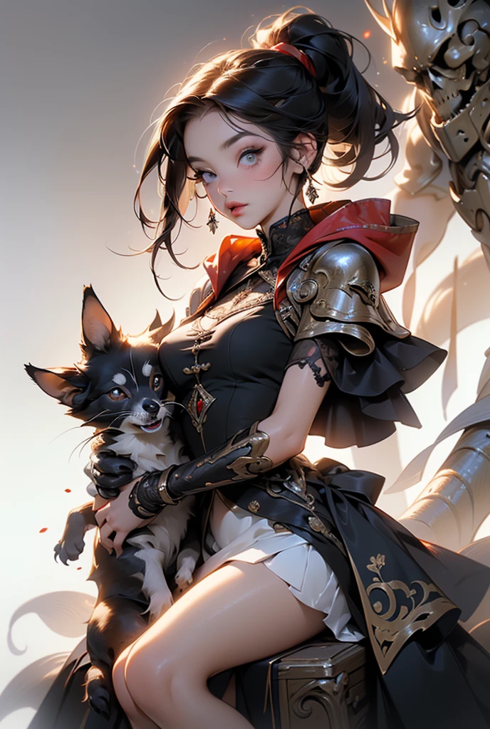 (((masterpiece, of the highest quality, super detailed))), (digital art), (a witch belonging to an occult order of knights), (a knight crossed with a witch), Victorian era inspired, ((minimal but intricate beautiful armour)), (Fluttering lace flared dress with frilly petticoats), ((Bloodbourne inspired)), (big forhead:1.2), (((dark hair, ponytail, thick ponytail, heavy ponytail))), (((Very sharp focused eyes))), ((small breasts)), very long eyelashes, occult aesthetic, (red and white clothing detailed and intricate steampunk and detailed gothic), (with a hood), complex lace boots,