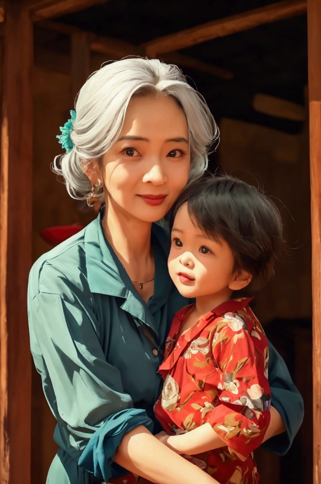 (best quality, Masterpiece), Two people, mother and child, A 46-year-old middle-aged man and an elderly woman, Mother's Day , Bow downเท้า , The old woman's face was full of happiness., merciful, Love the simple background., Look at the son of Chai, Sunlight shines, small wooden house, A 66-year-old woman, Bow down