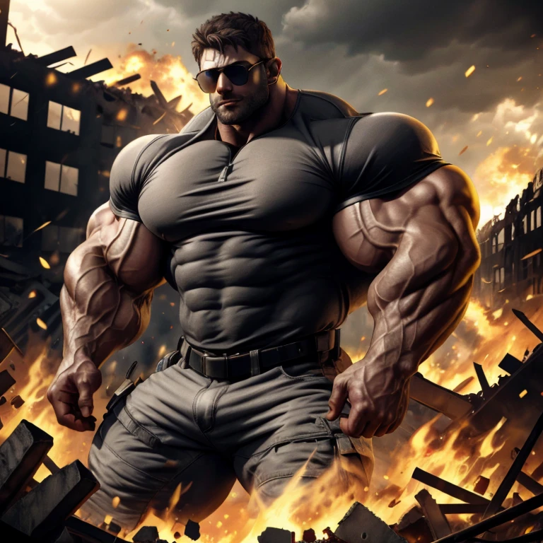 chris redfield, brutalmass, a very handsome young man, sunglasses, wearing a gray shirt, exaggeratedly muscular, exaggeratedly huge biceps and arms, in a city destroyed in flames