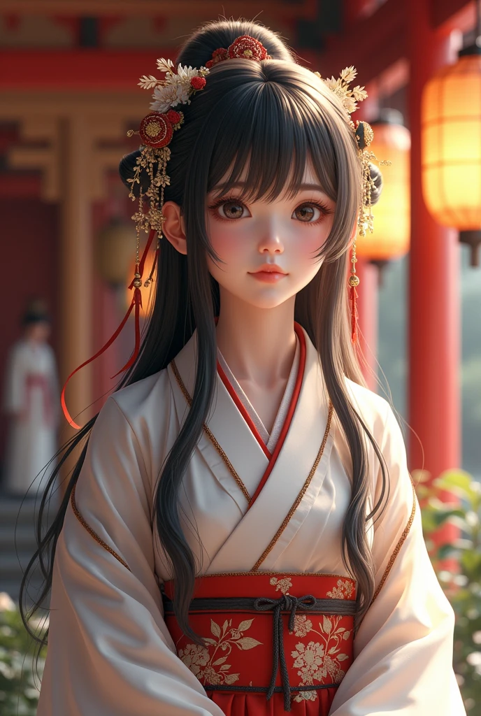 hightquality、​masterpiece、ultra res、a beauty girl、cute girl face、temple、shrine maiden、Wearing priestess clothes、Famous actresses of Japan、very beautiful face