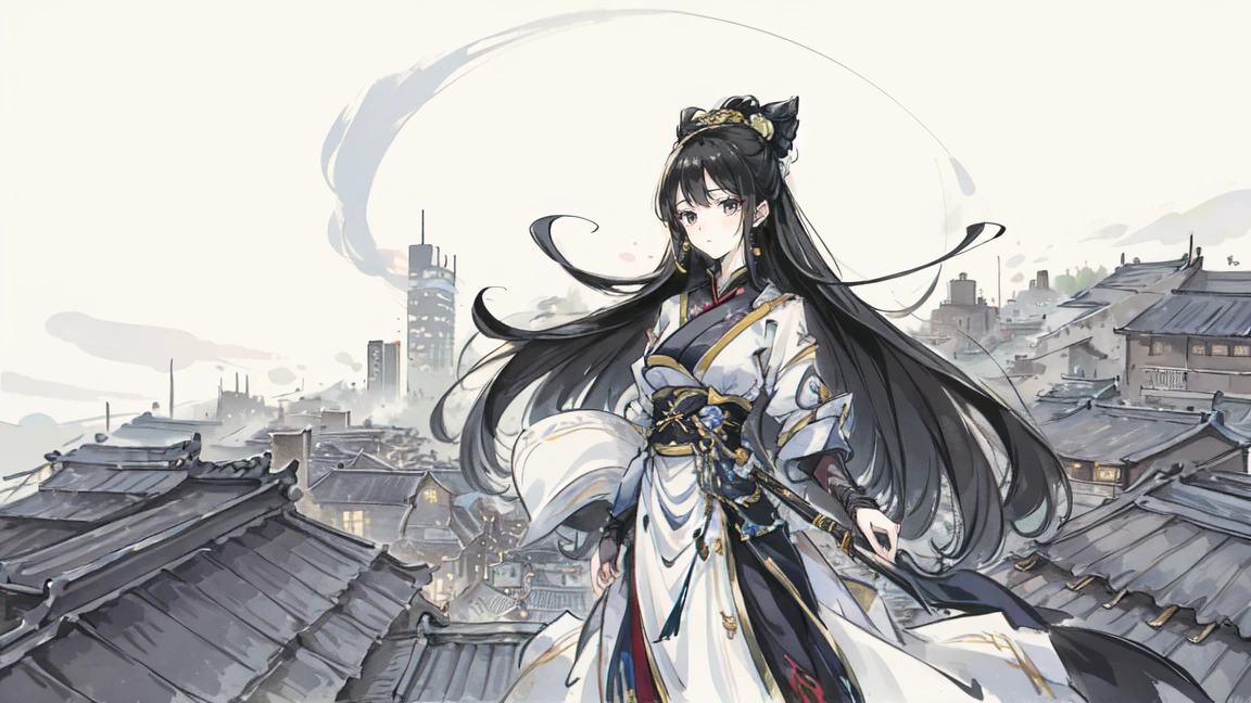 Featured Painting-Style Artworks, Highest quality, Super Fine, 16K, Incredibly absurd, Very detailed, delicate, Flashy and dynamic depiction, Beautiful female ninja, With a short sword, Moonlit Night, Black Costume, Black Hair, (Background Rooftop Edo:1.3)