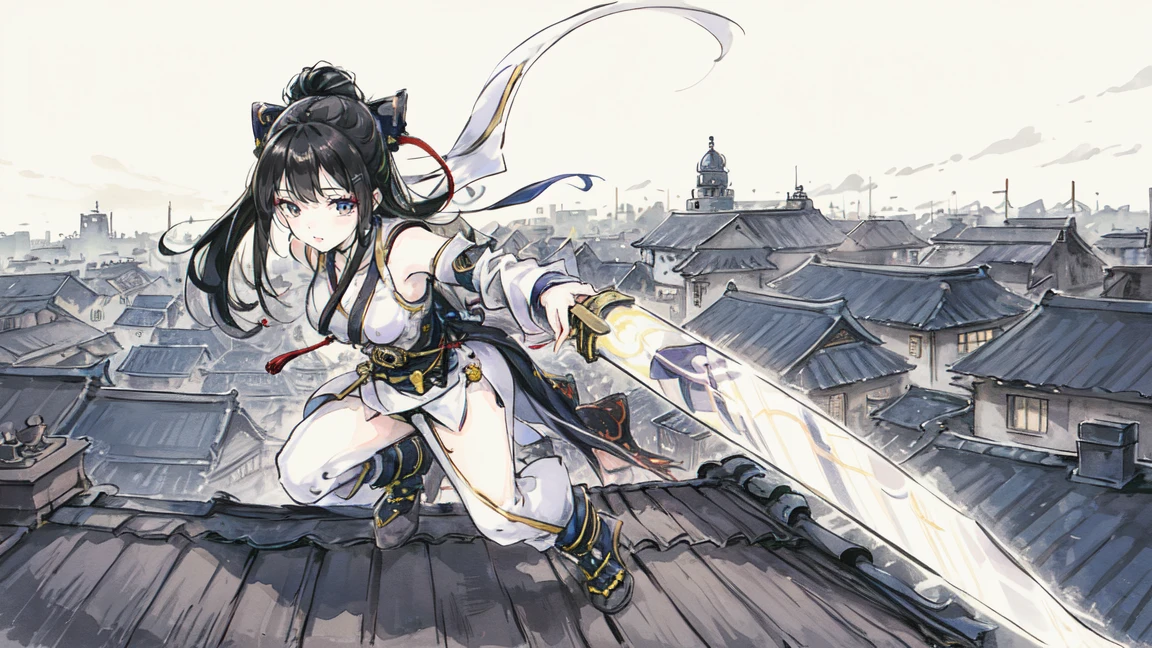 Featured Painting-Style Artworks, Highest quality, Super Fine, 16K, Incredibly absurd, Very detailed, delicate, Flashy and dynamic depiction, Beautiful female ninja, With a short sword, Moonlit Night, Black Costume, Black Hair, (Background Rooftop Edo:1.3)
