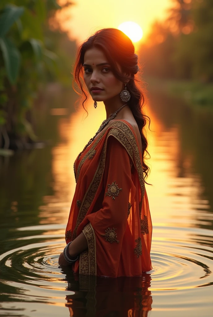 Beautiful Indian woman standing in a lagoon at sunset with the wind in her face