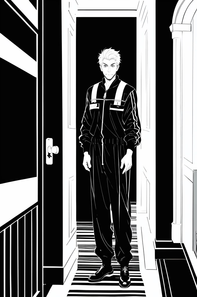 (((Monochrome))),(((Only black and white))),Grey-haired man in black jumpsuit staring at camera、