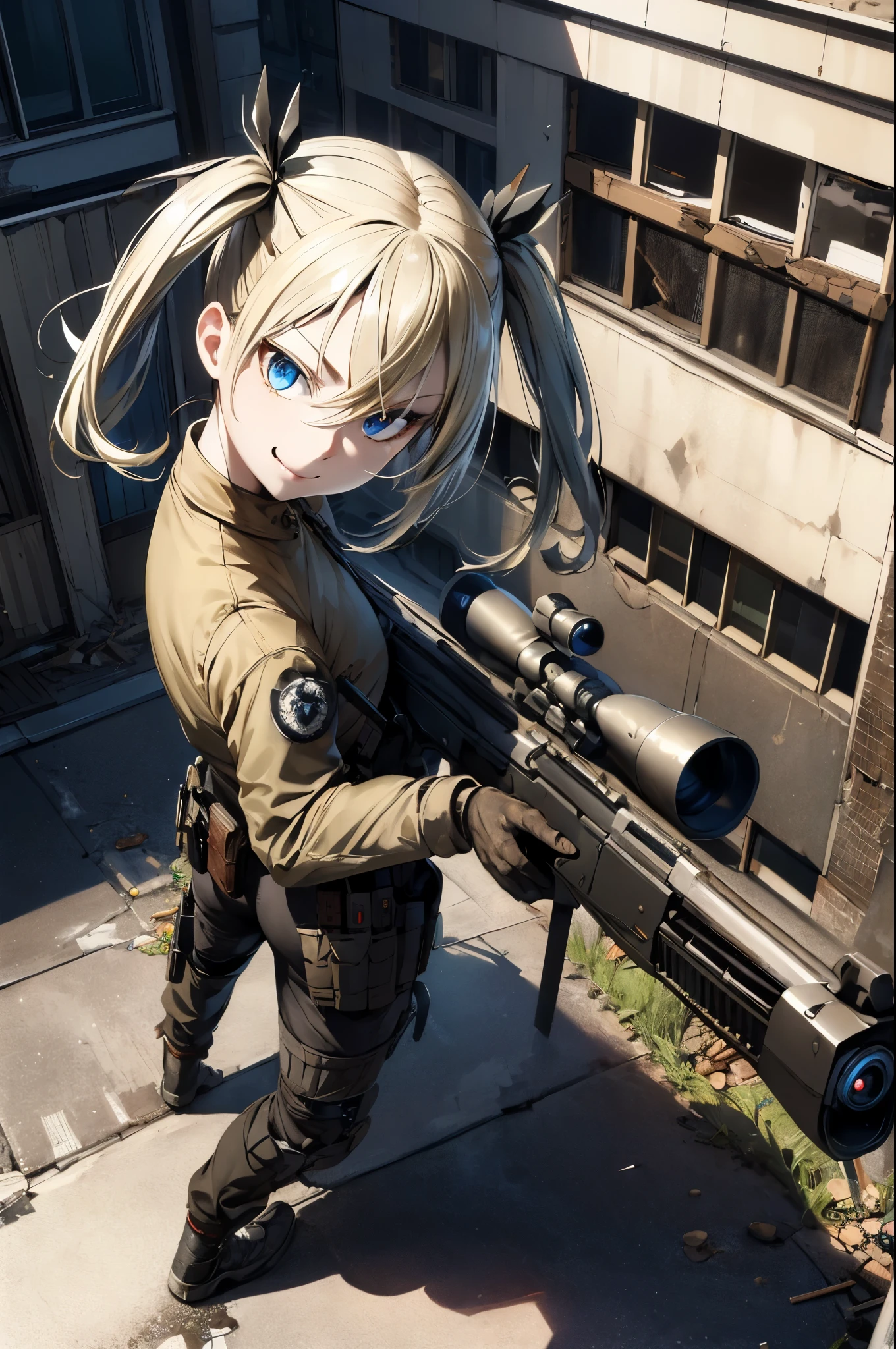 ((Highest quality)), ((masterpiece)), (detailed),(whole body)、Very cute face、Perfect Face,blonde,blue eyes,Fair skin,Armament,Gunfight,army,From above,Wicked Smile、Black Hair、Twin tails、Hold a sniper rifle、Angry expression、Dilapidated building street