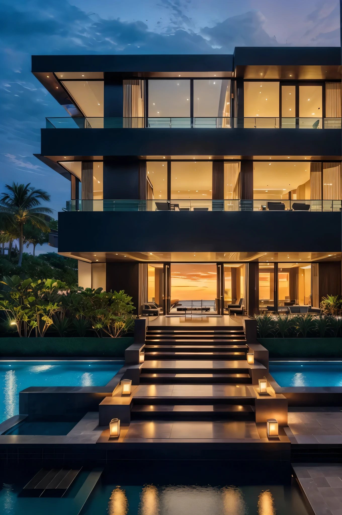 "A luxurious, modern waterfront villa at dusk with stunning architectural design. The villa features large glass windows and sleek, dark exteriors, with an expansive terrace overlooking a serene infinity pool. The pool has built-in seating and soft, ambient lighting that reflects beautifully off the water's surface. The terrace is furnished with low-profile, minimalist lounge seating in a dark, sophisticated color palette, creating an elegant outdoor living space. In the background, a city skyline with towering skyscrapers is visible under a dramatic evening sky, with the sun setting and casting a warm, golden glow over the scene. The overall atmosphere is a perfect blend of luxury, modern design, and tranquil waterfront living."