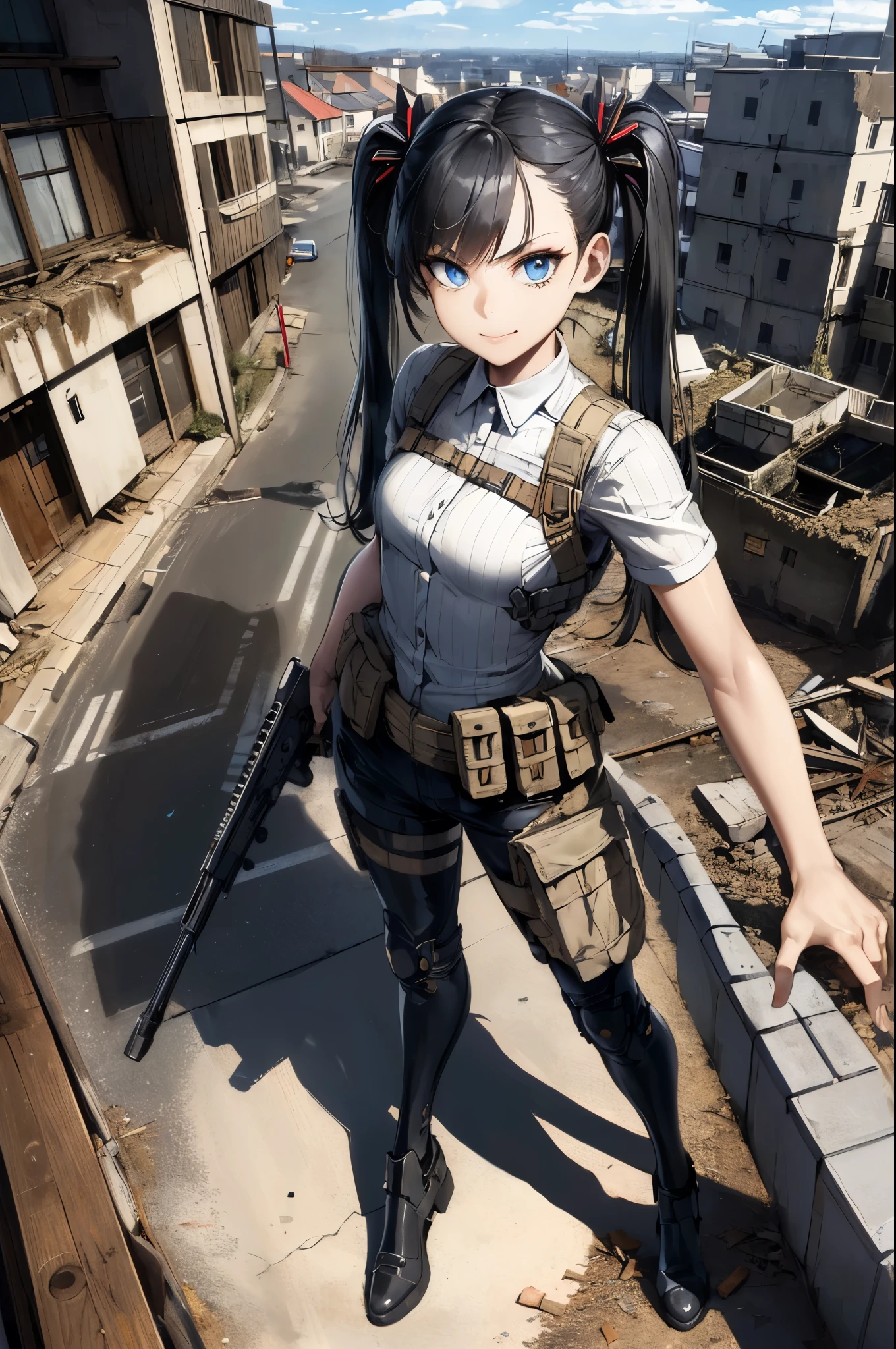 ((Highest quality)), ((masterpiece)), (detailed),(whole body)、Very cute face、Perfect Face,blonde,blue eyes,Fair skin,Armament,Gunfight,army,From above,Wicked Smile、Black Hair、Twin tails、Hold a sniper rifle、Angry expression、Dilapidated building street