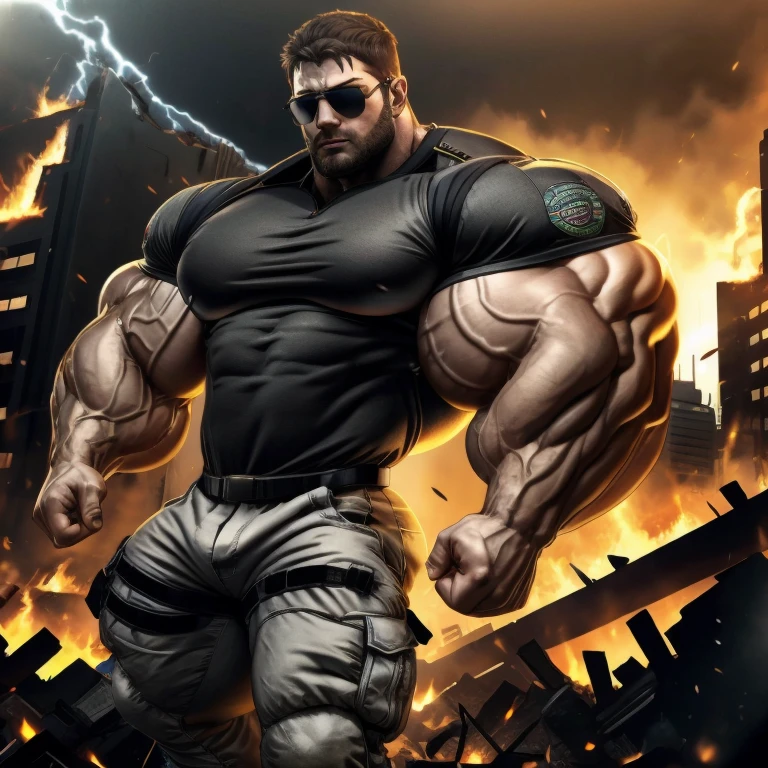 chris redfield, brutalmass, hyper growth, hyper muscles, a very handsome young man, sunglasses, wearing a gray shirt, exaggeratedly muscular, exaggeratedly huge biceps and arms, in a city destroyed in flames
