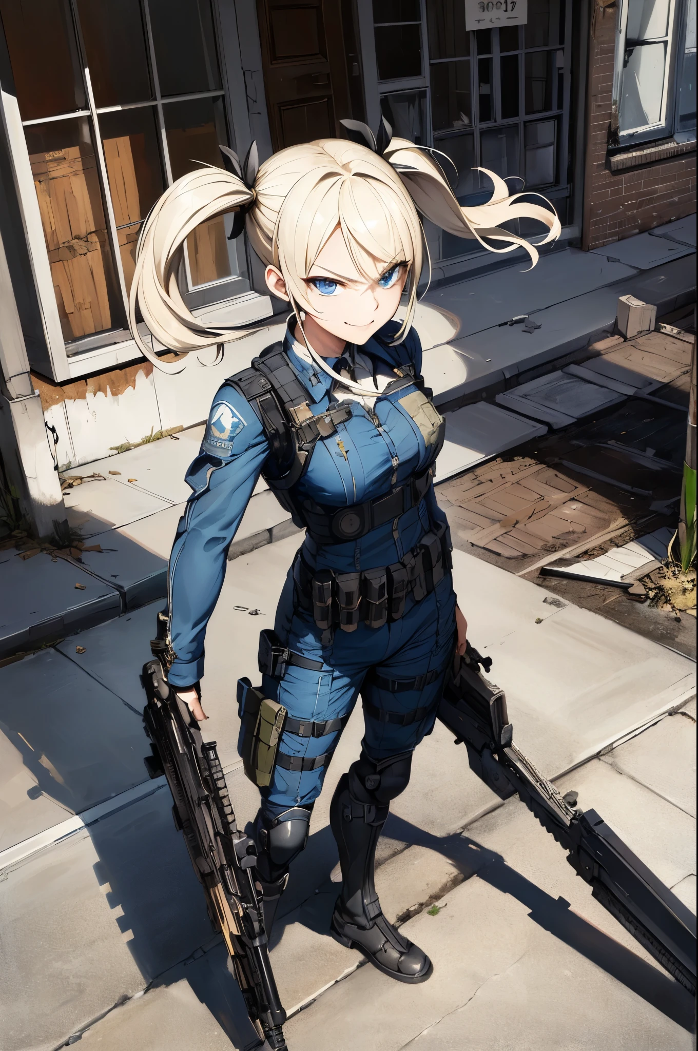 ((Highest quality)), ((masterpiece)), (detailed),(whole body)、Very cute face、Perfect Face,blonde,blue eyes,Fair skin,Armament,Gunfight,army,From above,Wicked Smile、Black Hair、Twin tails、Hold a sniper rifle、Angry expression、Dilapidated building street