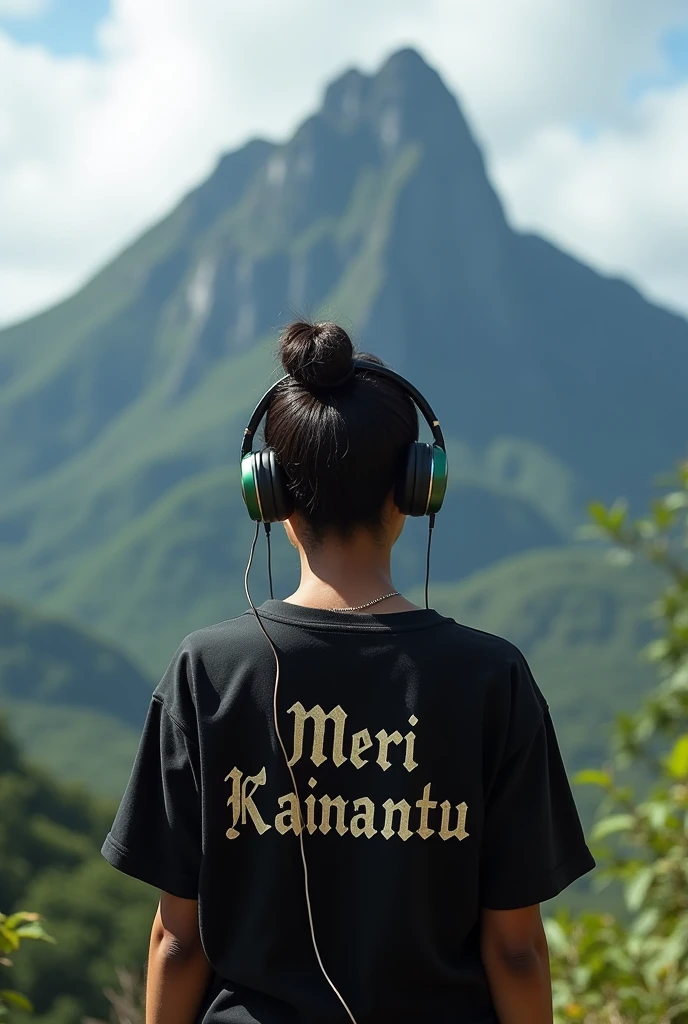 A natural girl from Papua New Guinea standing on top of the mountain wearing a black printed shirt title Meri Kainantu on her back with earphones