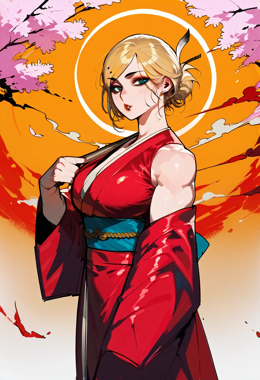 score_9, score_8_up, score_7_up, score_6_up, score_5_up, score_4_up, BREAK 1girl, ((muscular body:1)), intricate, kimono, (eyeliner:1.2), looking at viewer, bob hairstyle, blonde, jewelry, detailed background,huge breasts (masterpiece, high quality:1), 2.5D, Realistic