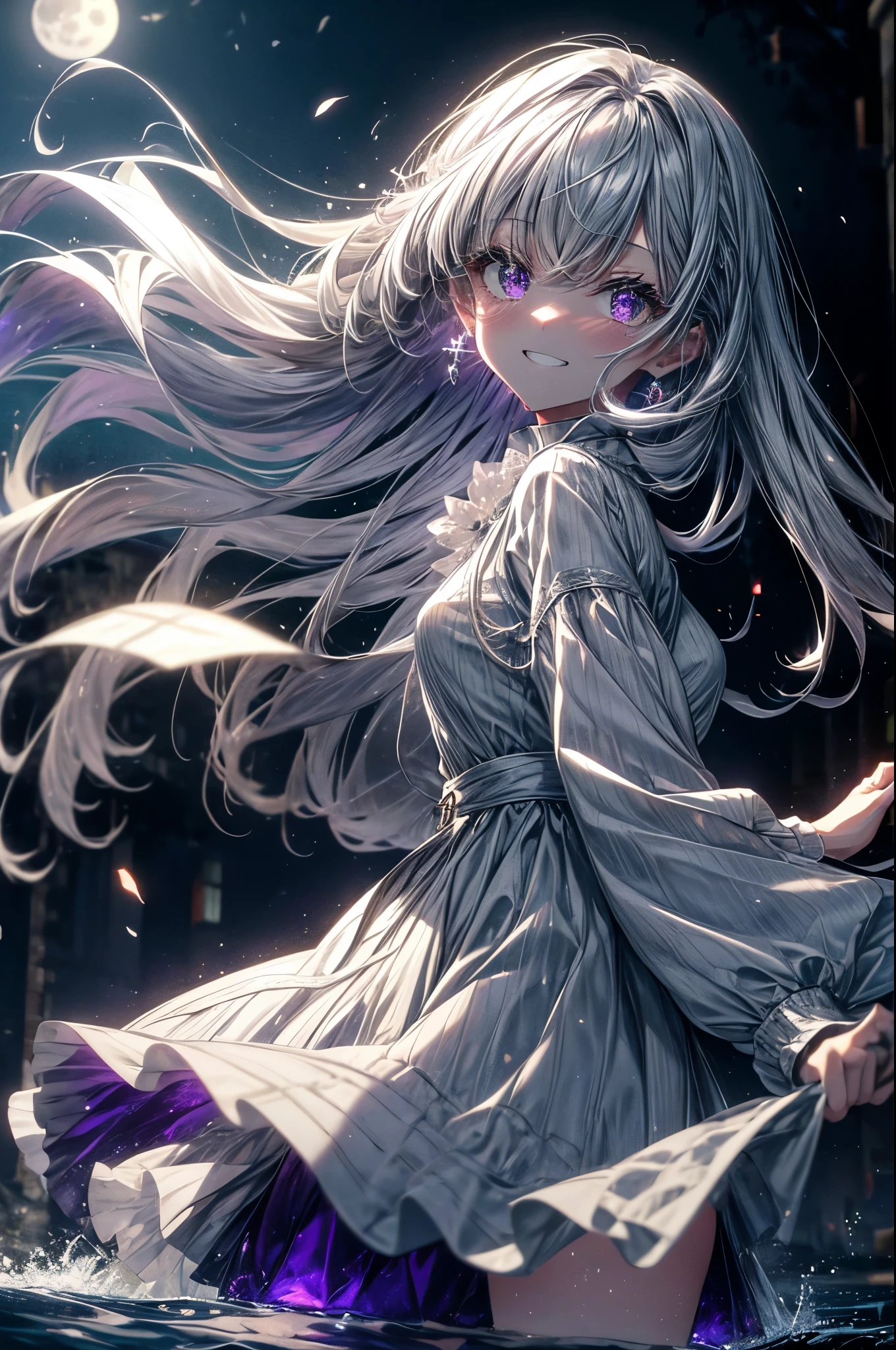 so beautiful,8k,Gray Hair,White Dress,Grin,Dark Mansion,1 girl,Detailed purple eyes,tears,Standing by the lake,Big Moon