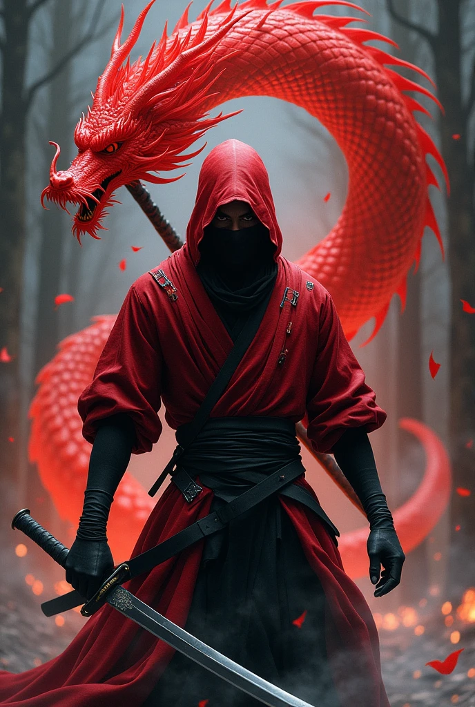 red and black ninja holding katana and with a red dragon