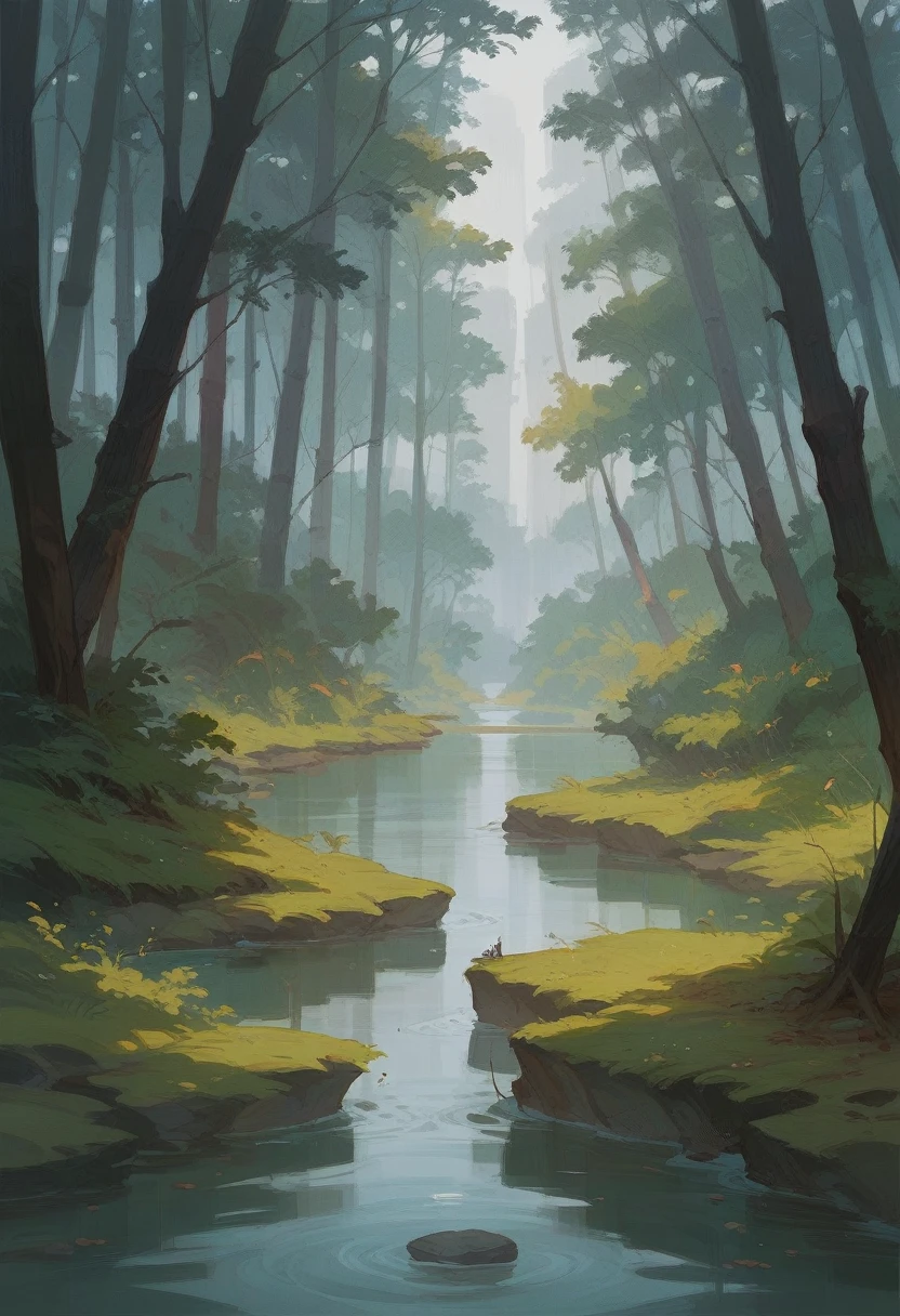 Man back ，Depression，In the forest，There is a lake in a distant place，heavily clouded，Textured clouds