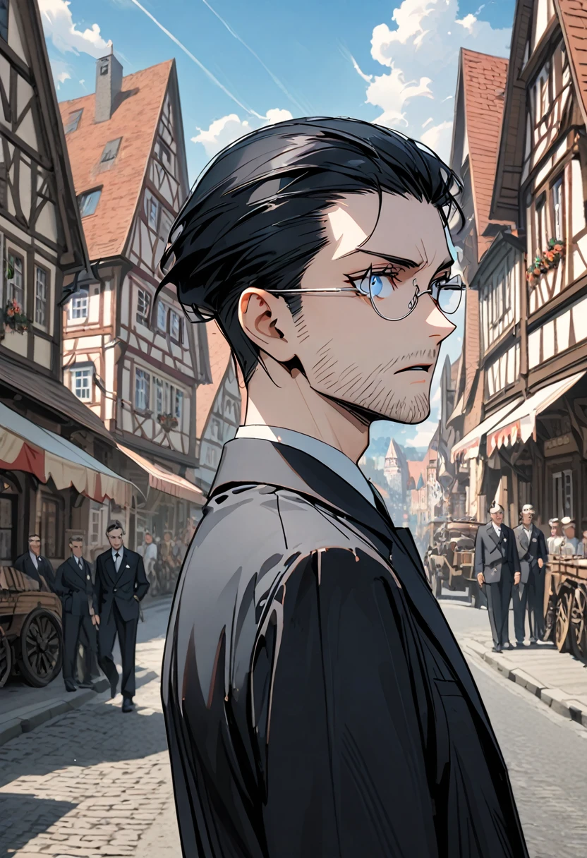 Just bad, close, Day, summer, German Town, 1940, Stubble, Toothbrush Mustache, Simple black suit, Slicked back hair, Short black hair, blue eyes, Thin-rimmed glasses, Hitler, Calm,