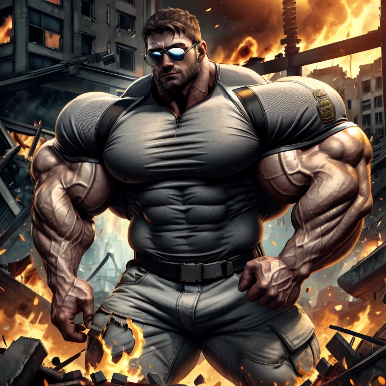 chris redfield, brutalmass, a very handsome young man, sunglasses, wearing a gray shirt, exaggeratedly muscular, exaggeratedly huge biceps and arms, in a city destroyed in flames