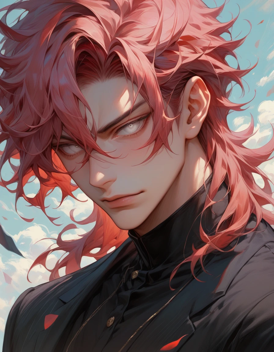 Man with pink and red hair and black clothes, handsome face, white eyes, highly detailed young anime, 4K walpaper manga, anime boy, detailed anime character art.