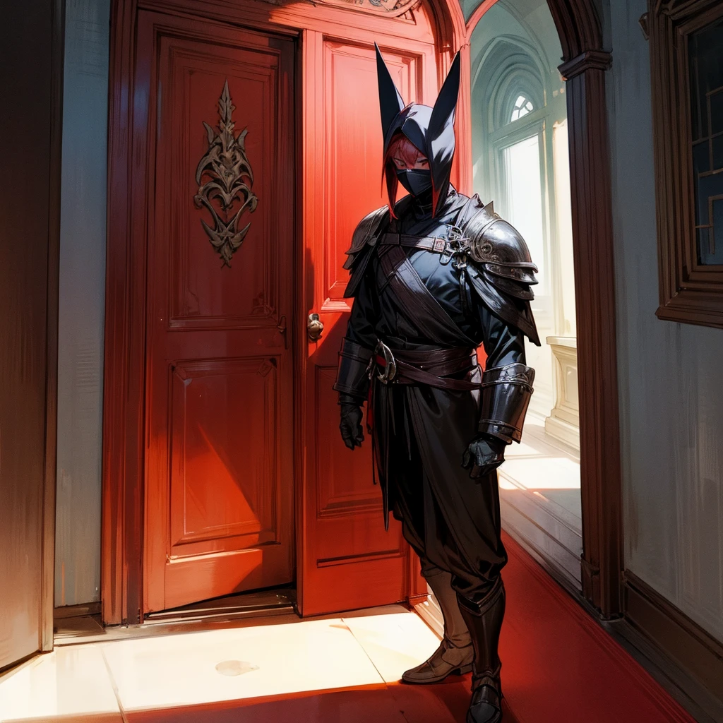 A red-haired boy wearing a black mask is standing in front of a giant door. 