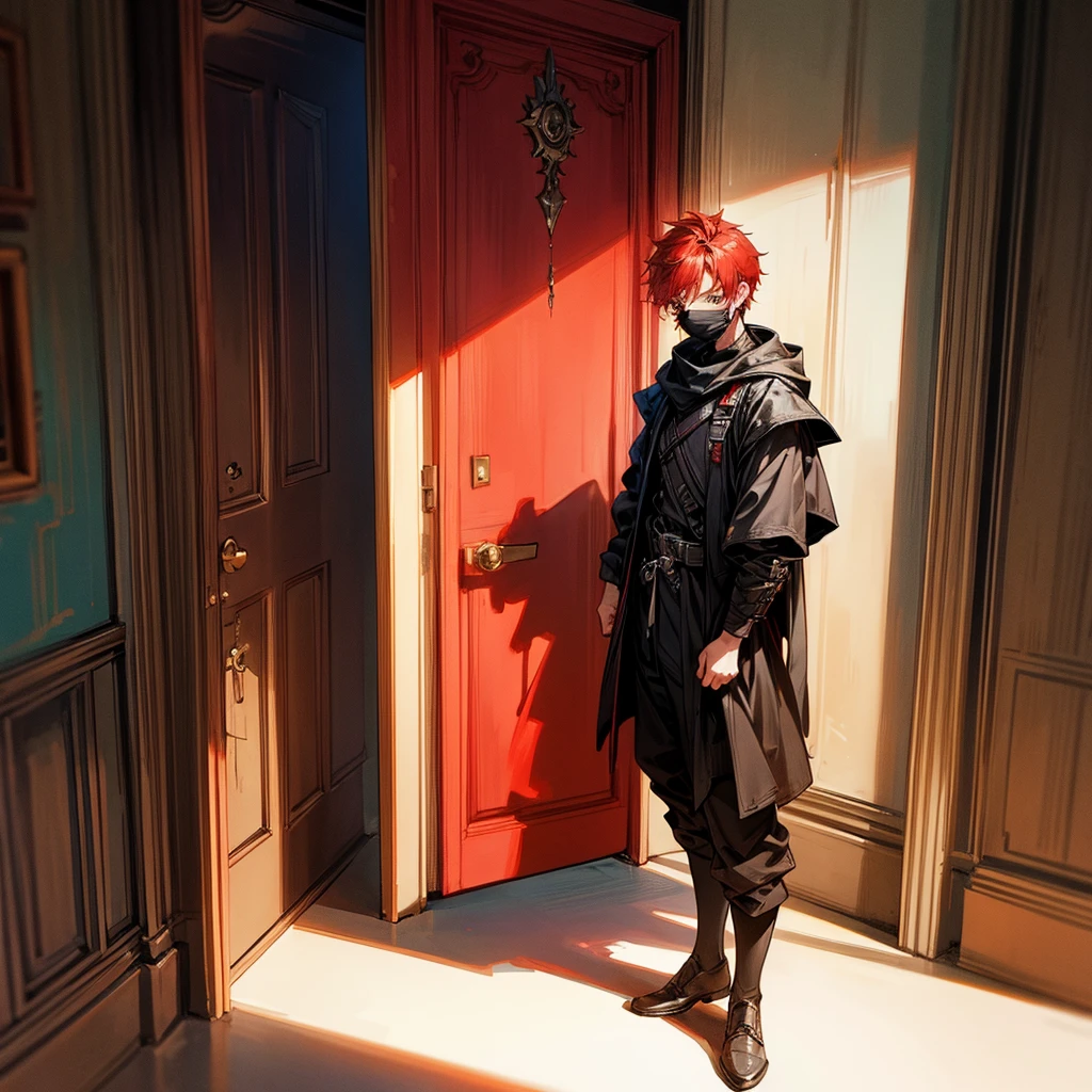 A red-haired boy wearing a black mask is standing in front of a giant door. 