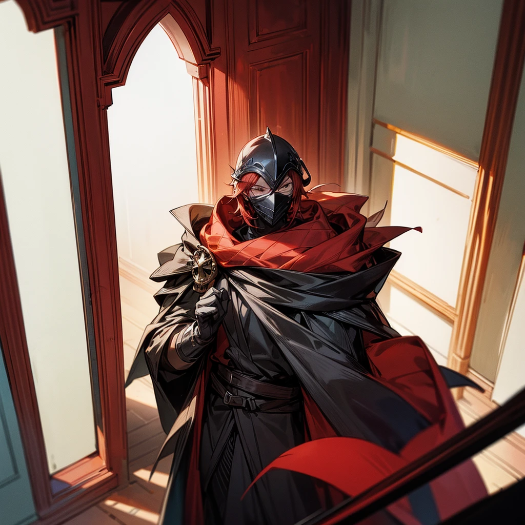 A red-haired boy wearing a black mask is standing in front of a giant door. 