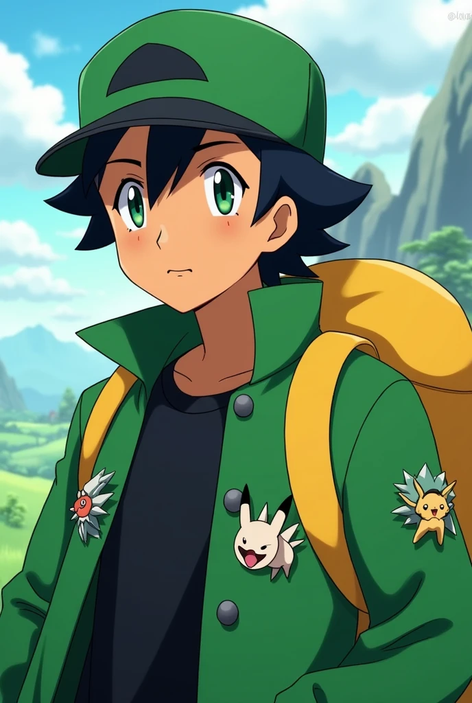 With features identical to the Pokémon anime. Create a male character. his expression is calm but it would be. greeneyes. brown skin. Bblack hair. a black shirt, with a green coat with some details like Pokémon brooches, a green cap with black and white. And a yellow backpack.