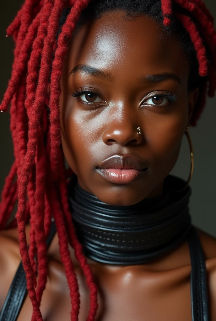 african woman, young, naked, red dreadlocks, septum piercing, dimples, thick belt around neck, naughty expression, red shiny latex bodysuit, close-up, UHD, retina, masterpiece, accurate, anatomically correct, textured skin, super detail, high details, high quality, award winning, best quality, highres