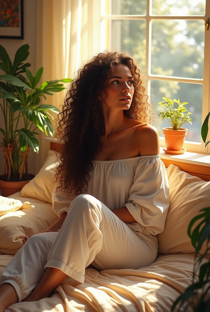 (photorealism:1.2), beautiful woman, sitting on bed, wearing loose off-shoulder top, pajama pants, long curly hair, indoors, soft lighting, plants in background, window with sunlight, cozy room, relaxed pose, realistic, intricate details, warm colors, by Greg Rutkowski, by Alphonse Mucha