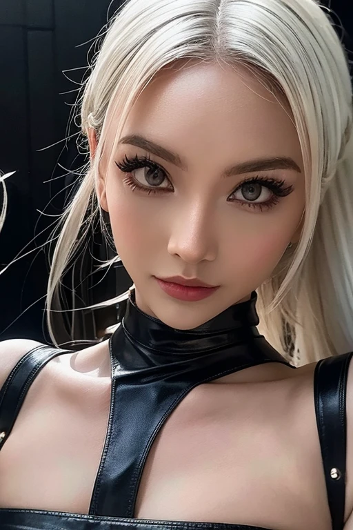A cyberpunk woman in a stunning 8K CG image, with a flawless, clean, and expertly crafted face. She has beautiful, detailed eyes, lips, and lashes, and a perfect female body with large breasts. She stands alone, wearing a short skirt, blush, and an alluring expression. Her short, white hair frames her face perfectly. The background is highly detailed and visually captivating. Depth of field effects, BDSM elements, and skin peeling details add to the mature, high-quality nature of this artwork.