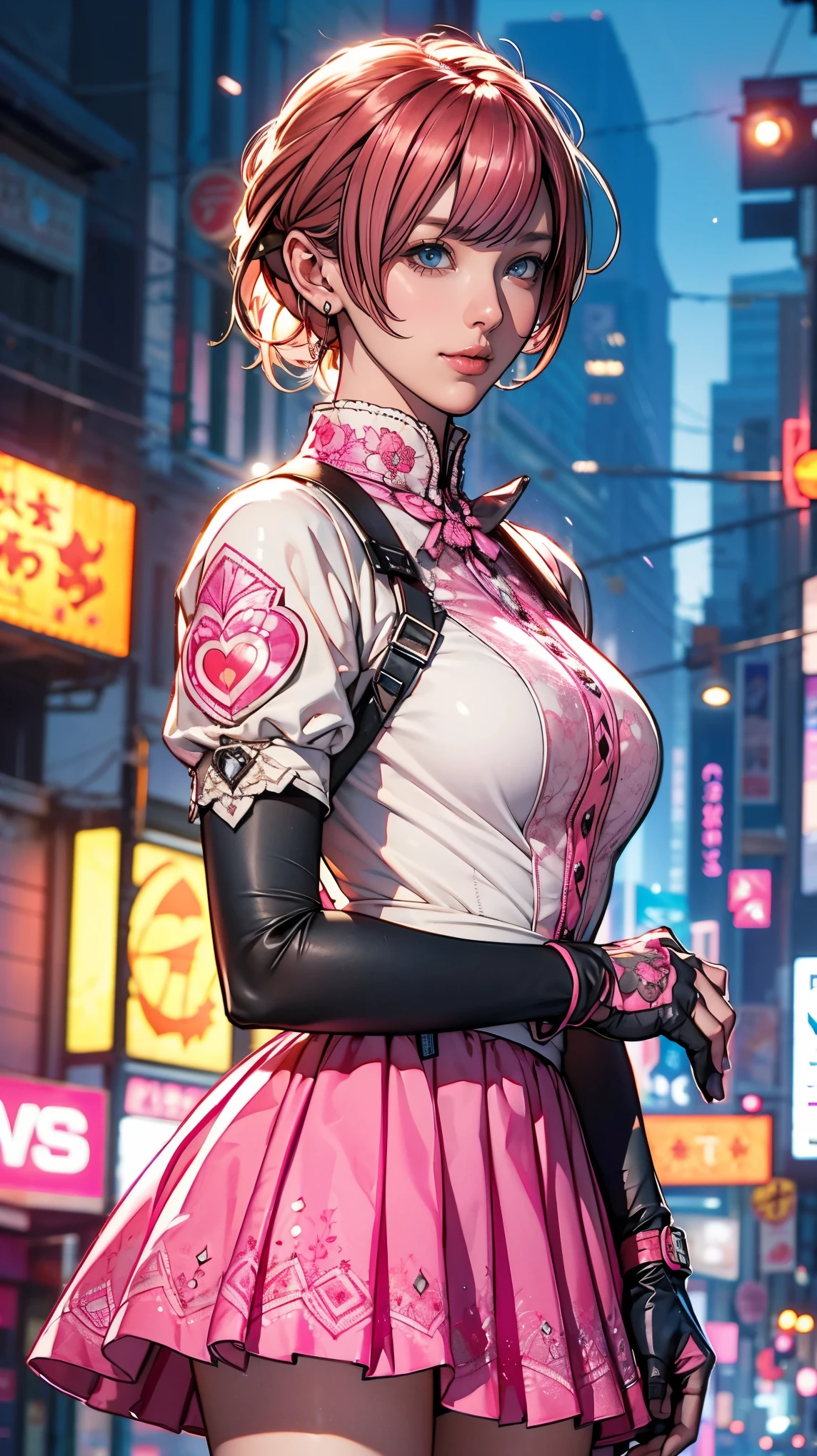 One girl,Cowboy Shot, Beautiful Nora_Valkyrie, View your viewers, smile, short hair, blue eyes,Heart Cutout, gloves,  Jacket, Pink Skirt, Pink Belt, Short sleeve, Puff sleeves, Wrist Seal, fingerless gloves, Orange Hair, pink gloves, Dynamic pose, night, Outdoor, city, (Volumetric lighting), Highest quality, masterpiece, Intricate details, Tone Mapping, Sharp focus, Super detailed, Trending on Art Station,