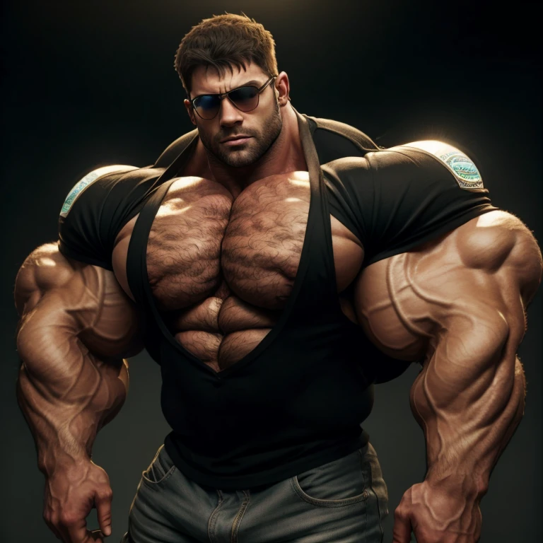 chris redfield, brutalmass, a very handsome young man, sunglasses, wearing a gray shirt, exaggeratedly muscular, exaggeratedly huge biceps and arms, on a black background