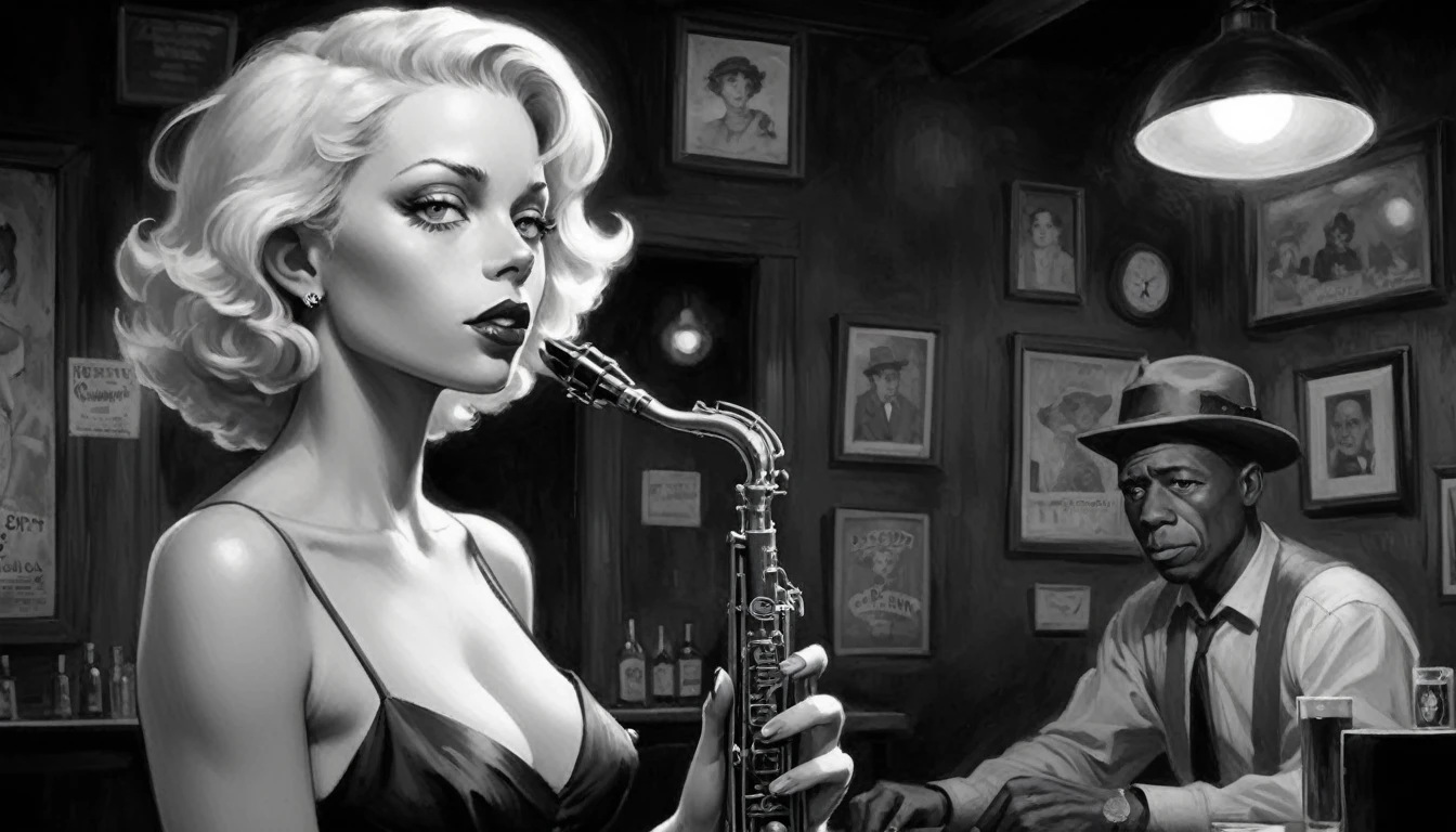 robert johnson, gritty, alabama bar, blue note, charismatic, illustration, bw, noir fantasy, lone blonde lady, saxophonist