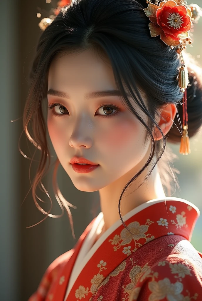 An elegantly dressed Japanese woman in natural light、A close-up of her chest and calm expression.、It shows her inner peace and outer charm.。