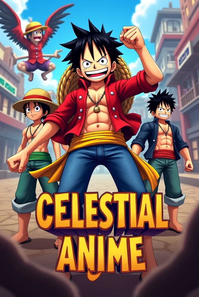 GPT chat create an option for a roblox game with a luffy anime character on each cover, a different one from a game similar to anime fighters simulator with the phrase celestial anime in red below in Portuguese
